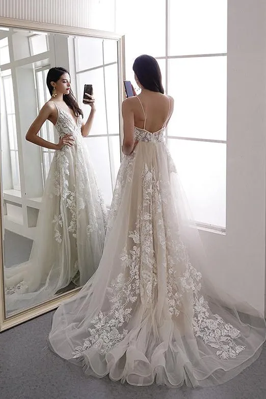 Gorgeous A Line V Neck Sweep Train Sleeveless White Long Wedding Dresses OHD111