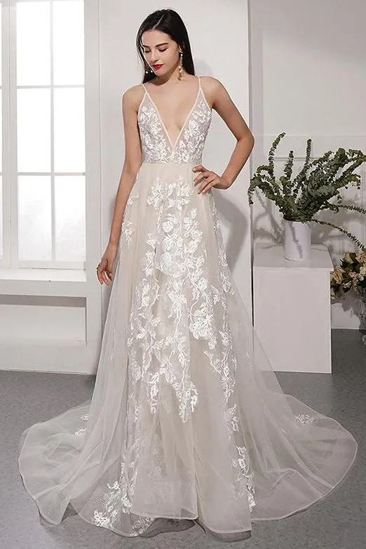 Gorgeous A Line V Neck Sweep Train Sleeveless White Long Wedding Dresses OHD111