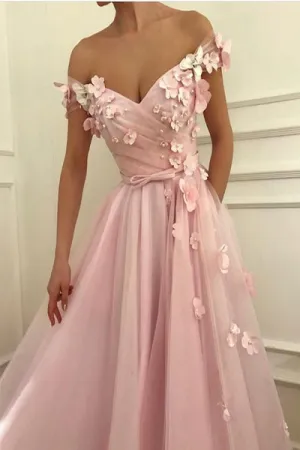 Gorgeous Appliques V-neck Off Shoulder Prom Dresses Long Tulle Evening Gowns PD019