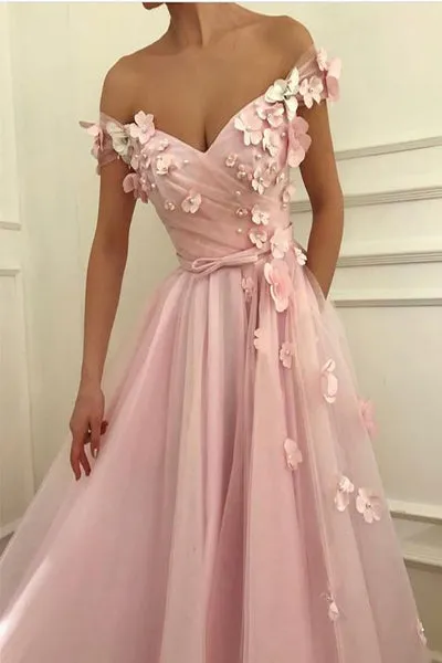 Gorgeous Appliques V-neck Off Shoulder Prom Dresses Long Tulle Evening Gowns PD019