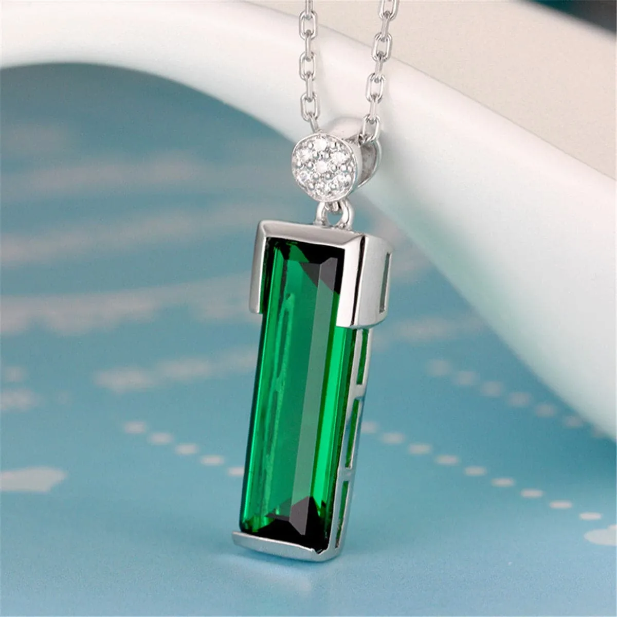 Green Crystal & Cubic Zirconia Rectangle Pendant Necklace