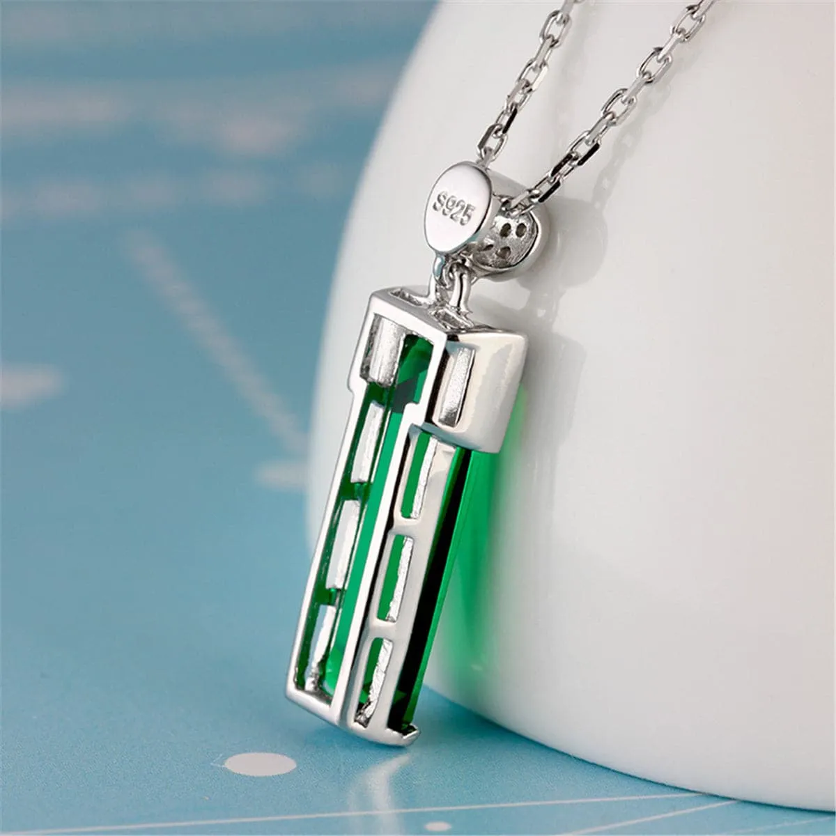 Green Crystal & Cubic Zirconia Rectangle Pendant Necklace