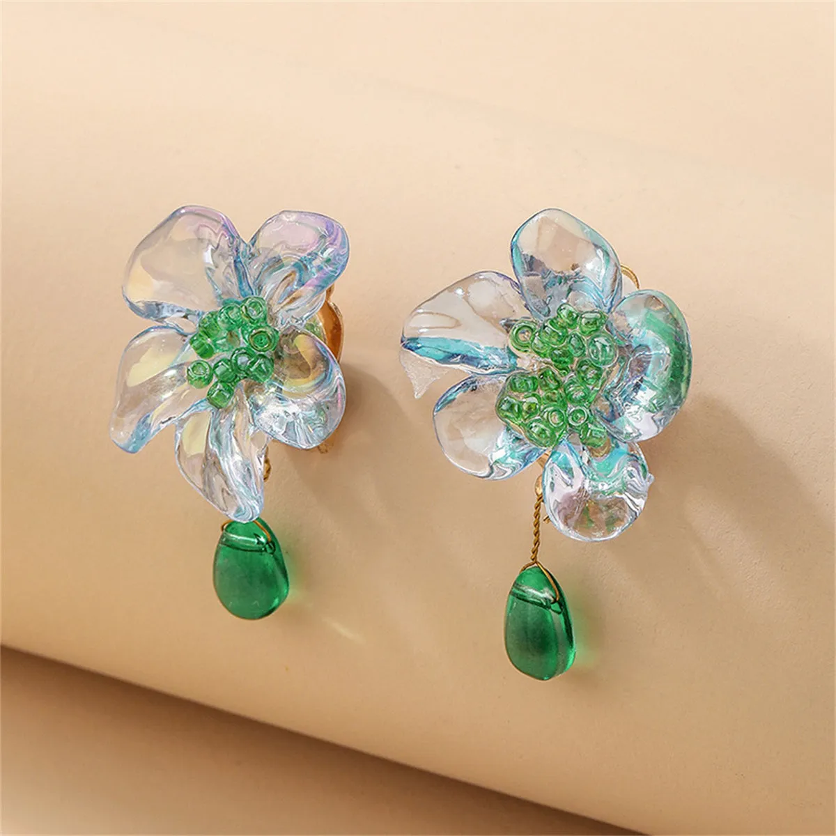Green Crystal & Resin 18K Gold-Plated Flower Drop Earrings
