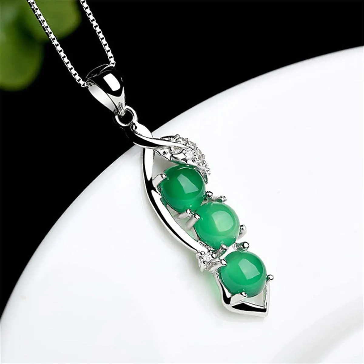 Green Jade & Cubic Zirconia Bean Pendant Necklace
