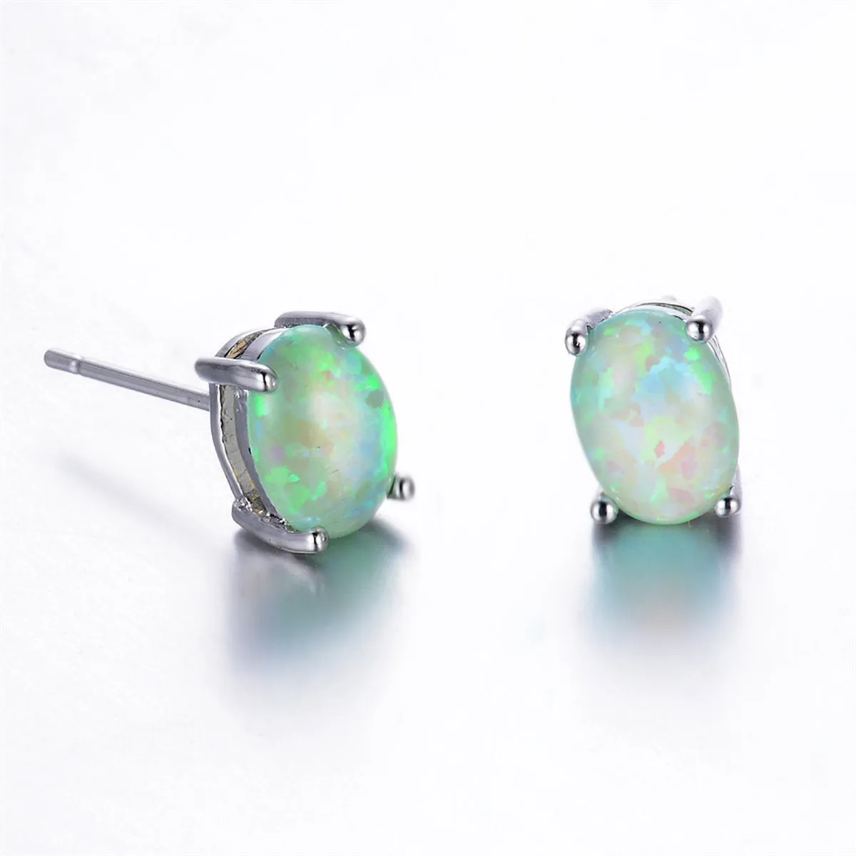 Green Opal & Silver-Plated Oval Stud Earrings