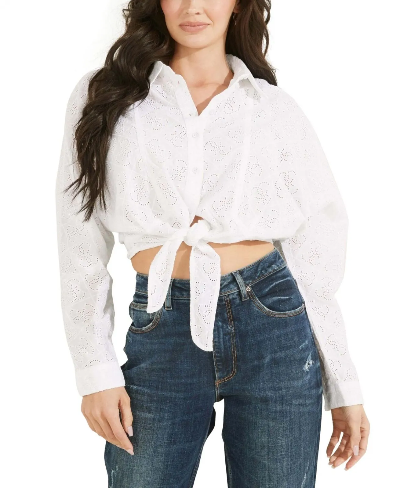 Guess Women's Tina Cotton Eyelet Tie-Hem Shirt W2GH53WEJU0