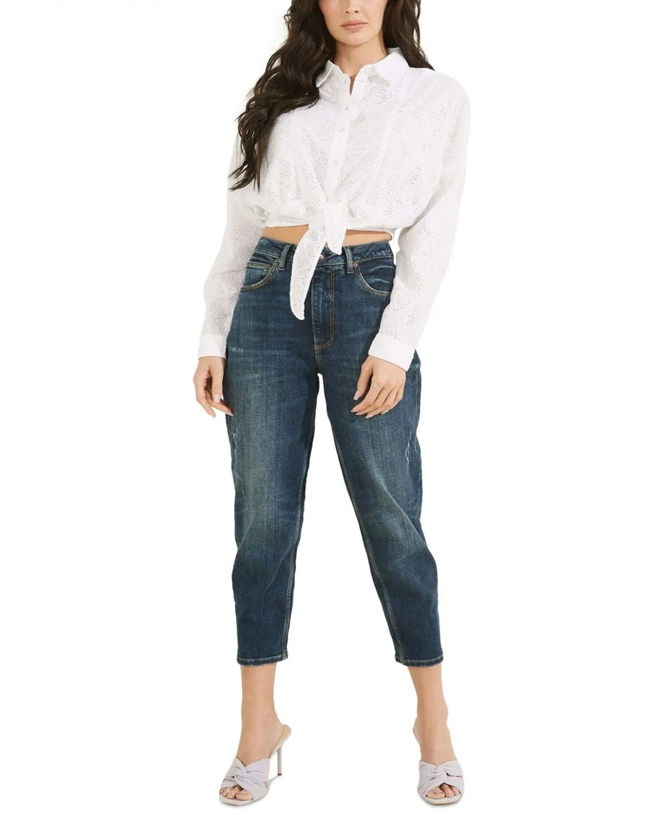 Guess Women's Tina Cotton Eyelet Tie-Hem Shirt W2GH53WEJU0