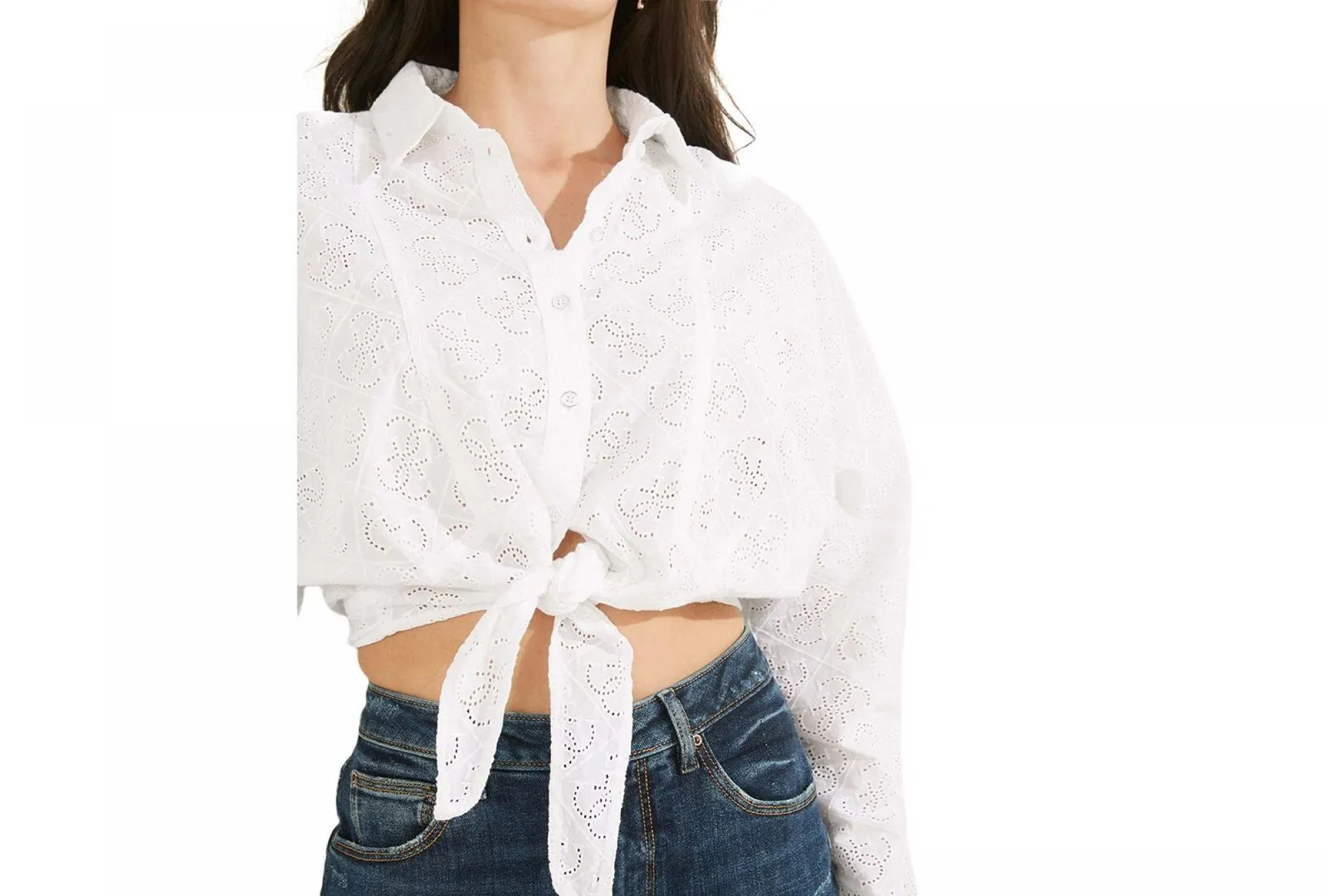 Guess Women's Tina Cotton Eyelet Tie-Hem Shirt W2GH53WEJU0