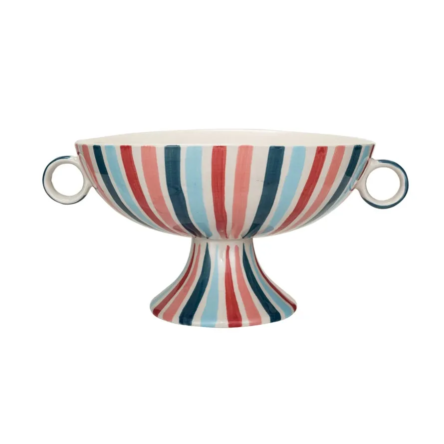 HAND PAINTED STONEWARE STRIPE FOOTED BOWL WITH HANDLES
