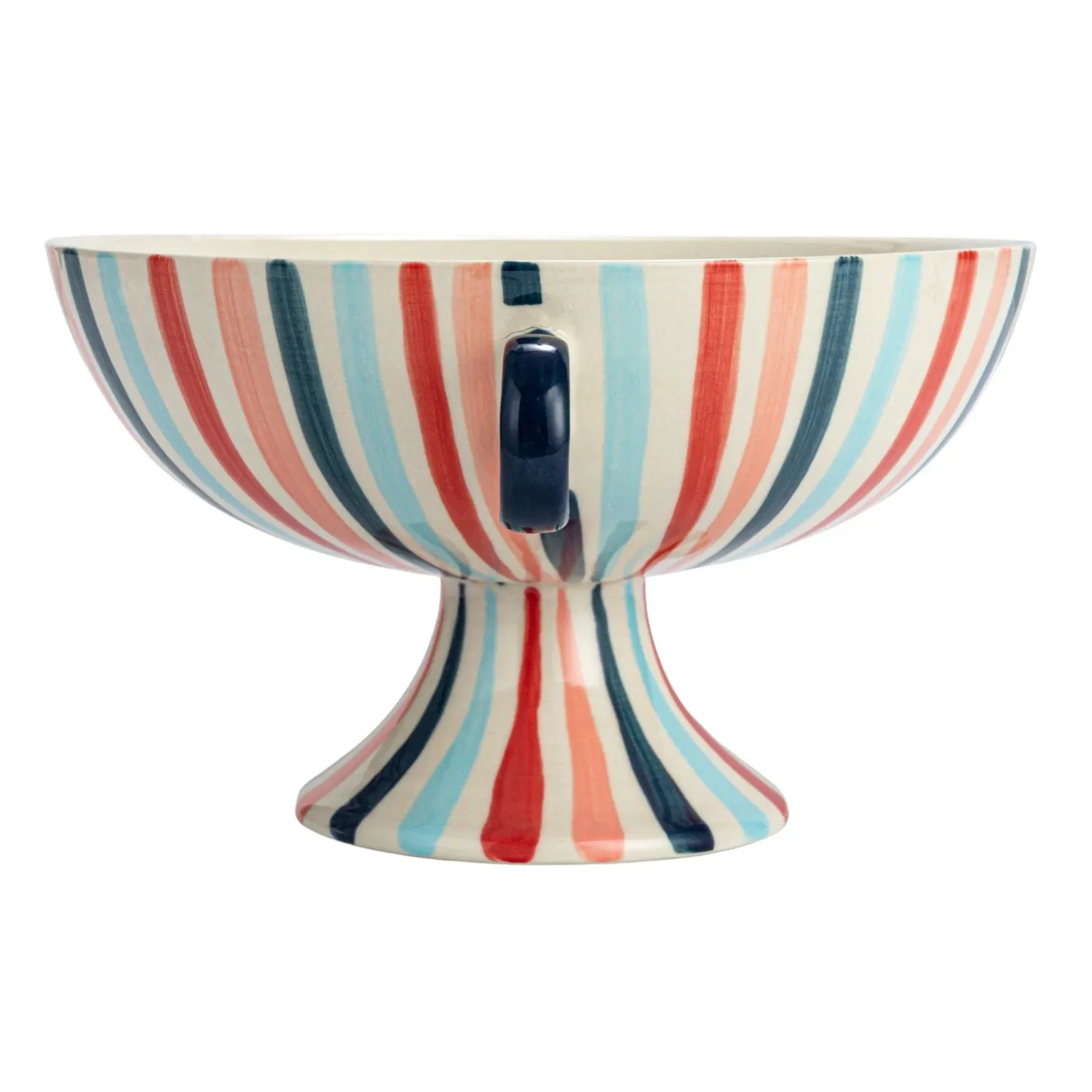 HAND PAINTED STONEWARE STRIPE FOOTED BOWL WITH HANDLES