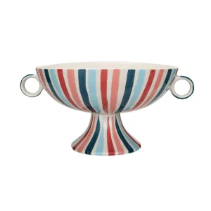 HAND PAINTED STONEWARE STRIPE FOOTED BOWL WITH HANDLES
