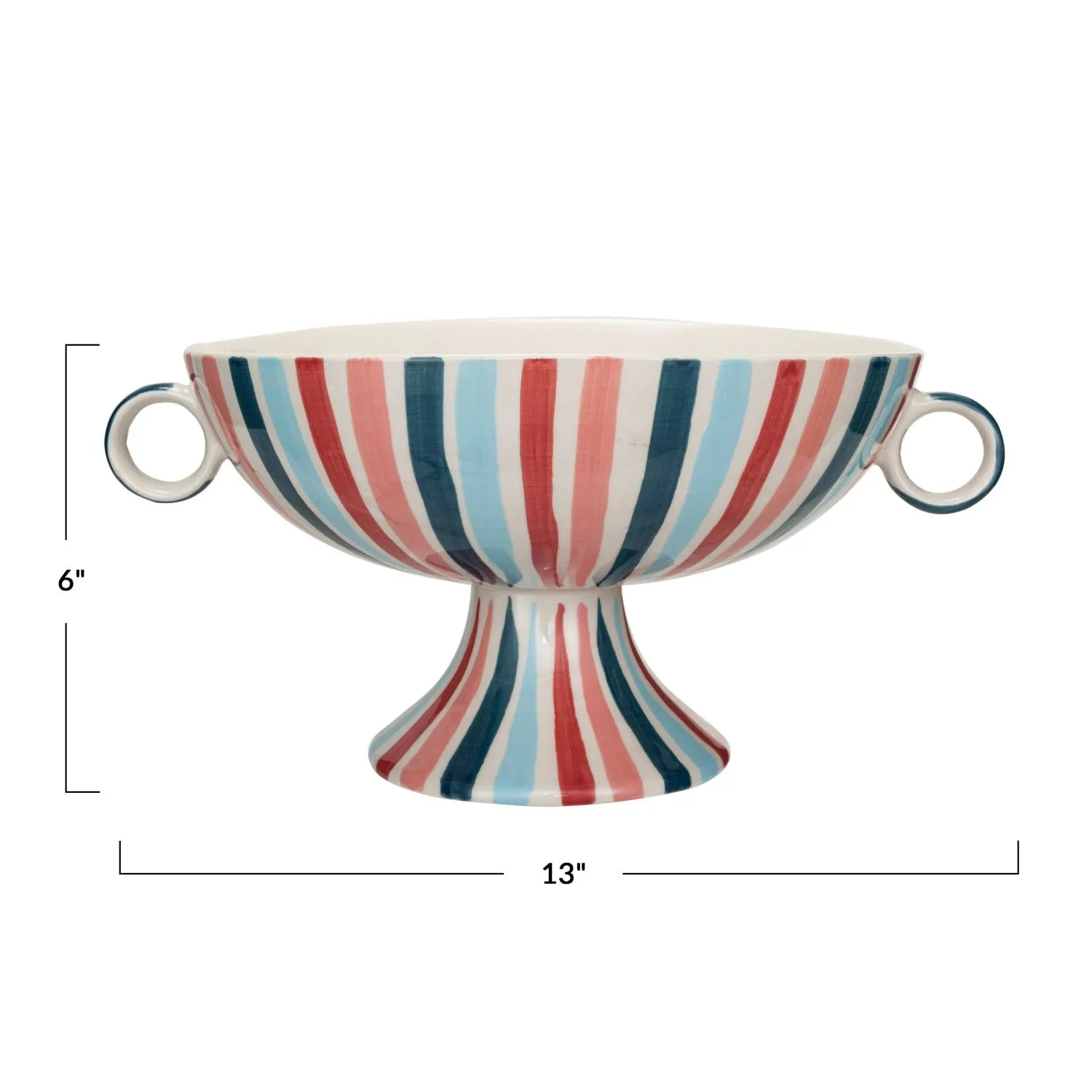 HAND PAINTED STONEWARE STRIPE FOOTED BOWL WITH HANDLES