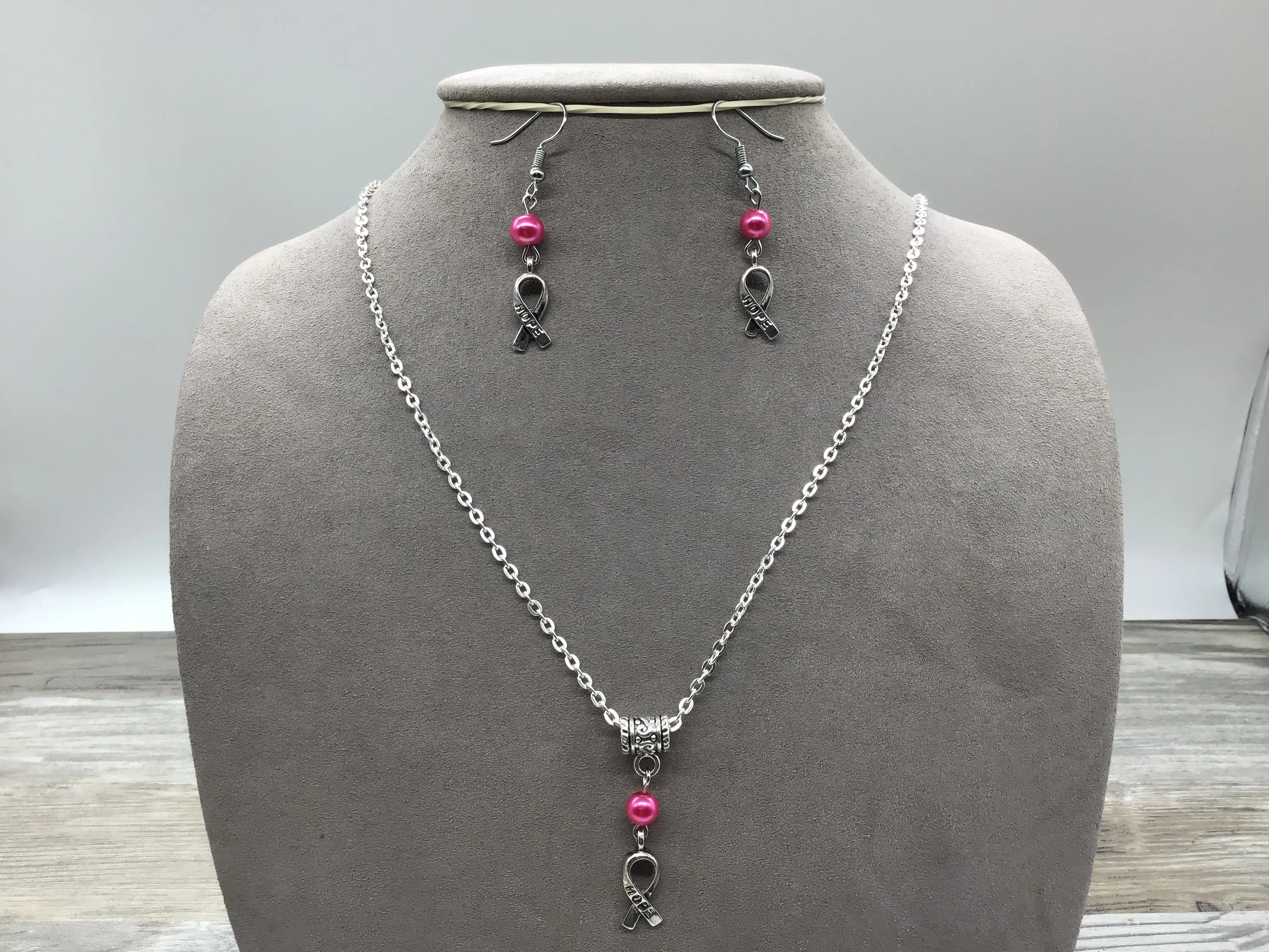 Hope Necklace/Earring Set (Breast Cancer Awareness)