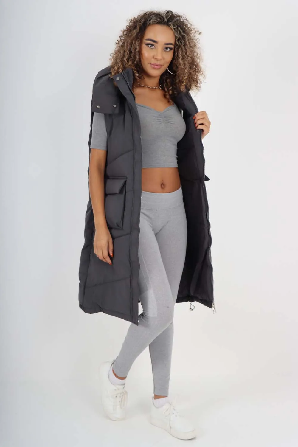 Italian Padded Pockets Hooded Long Gilet