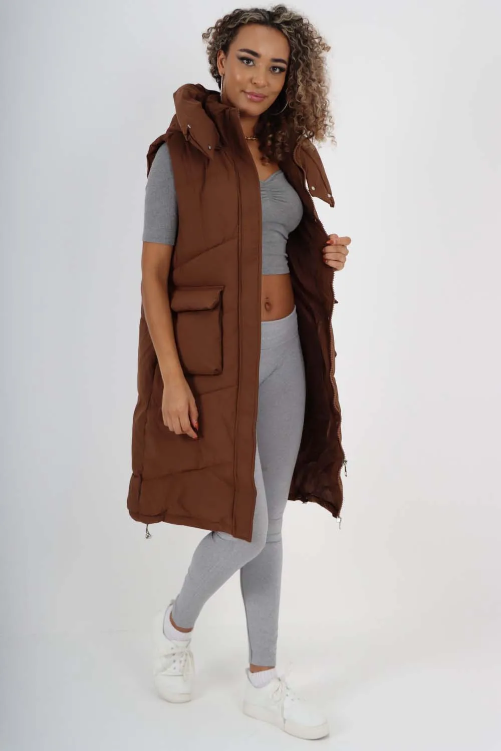 Italian Padded Pockets Hooded Long Gilet