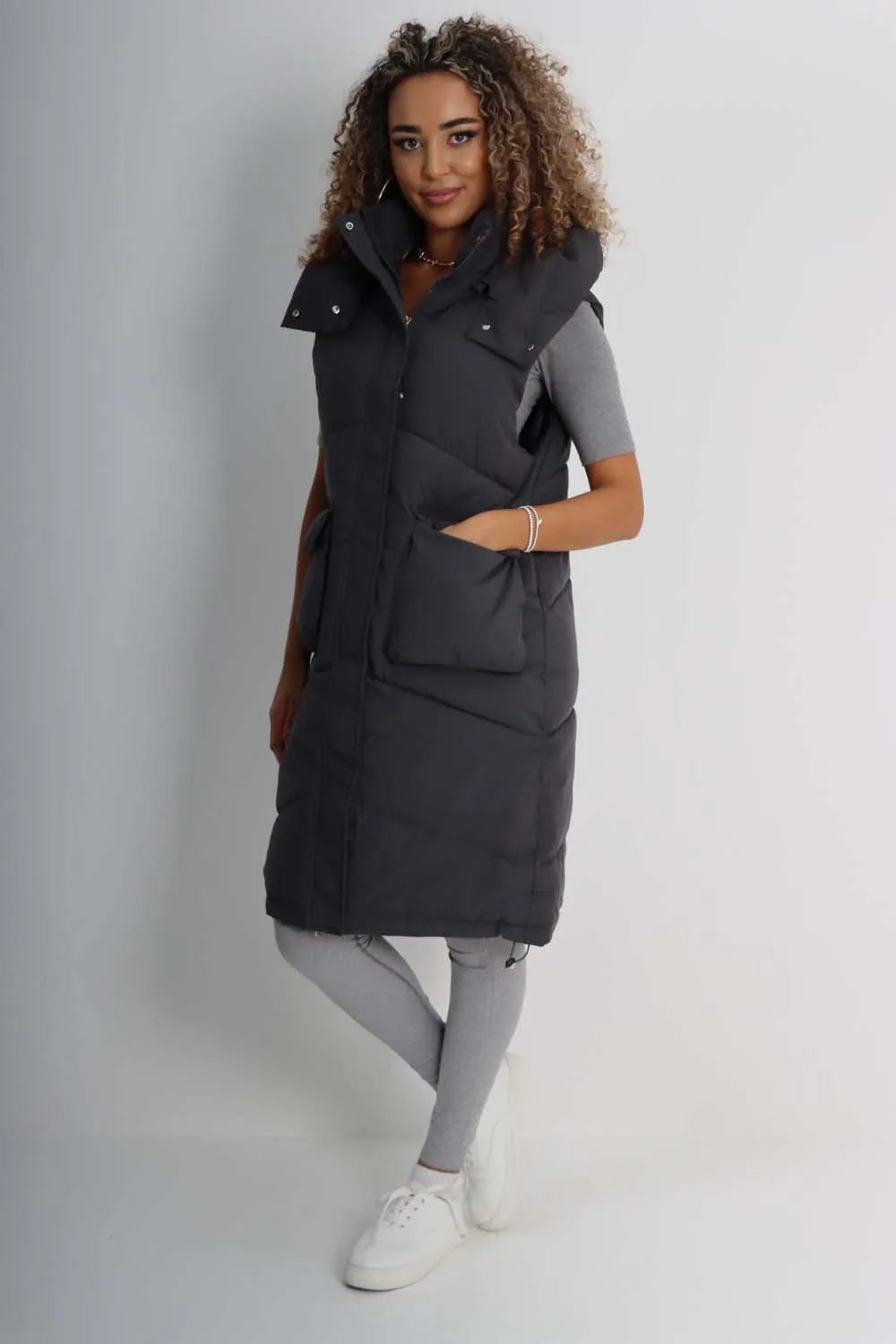 Italian Padded Pockets Hooded Long Gilet