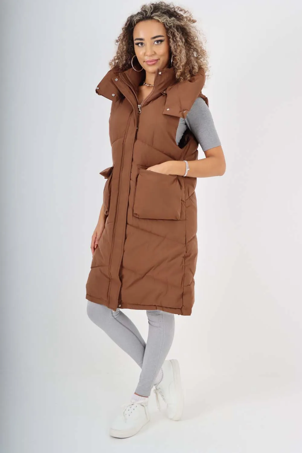 Italian Padded Pockets Hooded Long Gilet