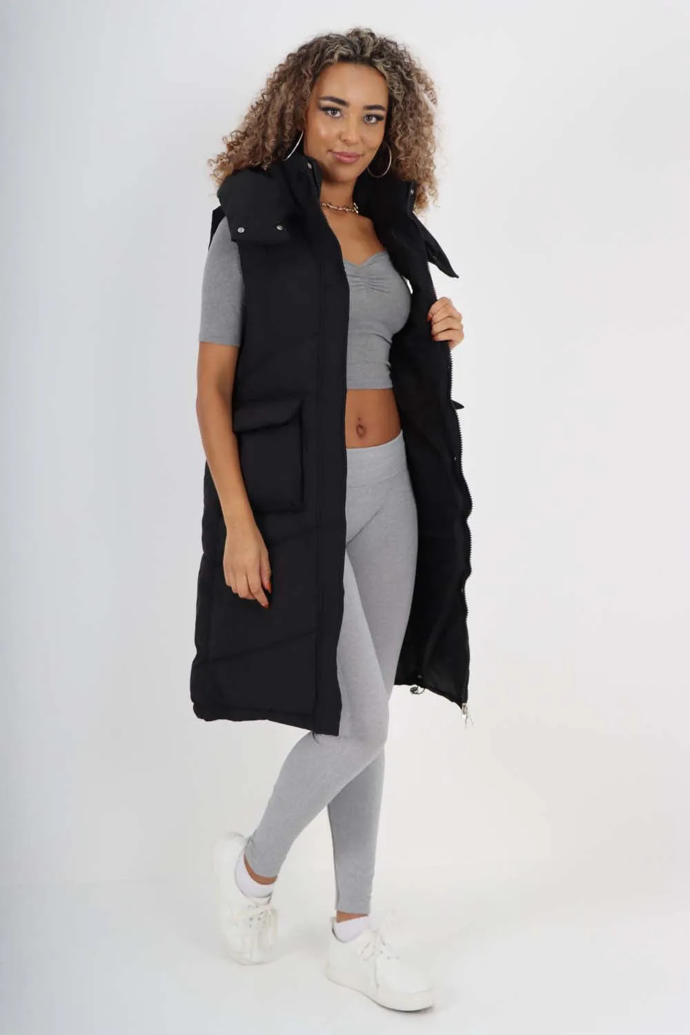 Italian Padded Pockets Hooded Long Gilet