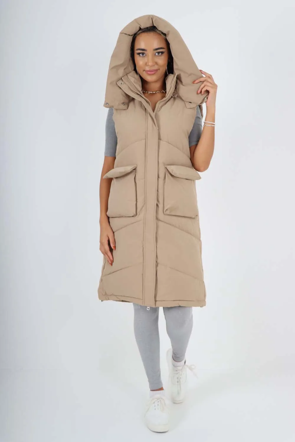 Italian Padded Pockets Hooded Long Gilet