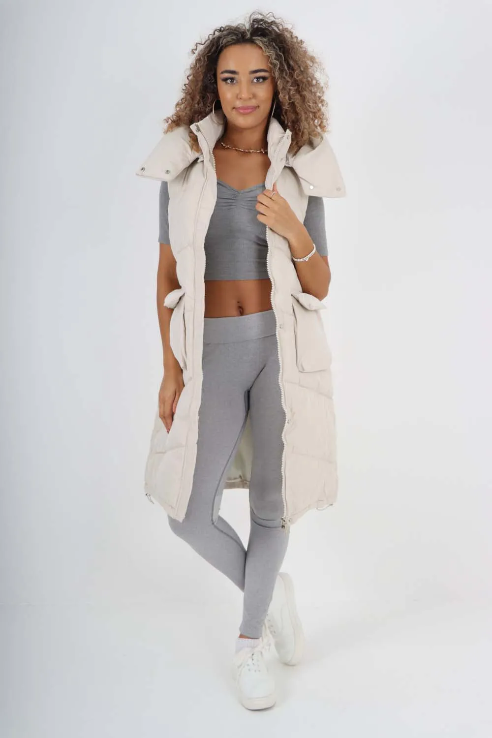 Italian Padded Pockets Hooded Long Gilet
