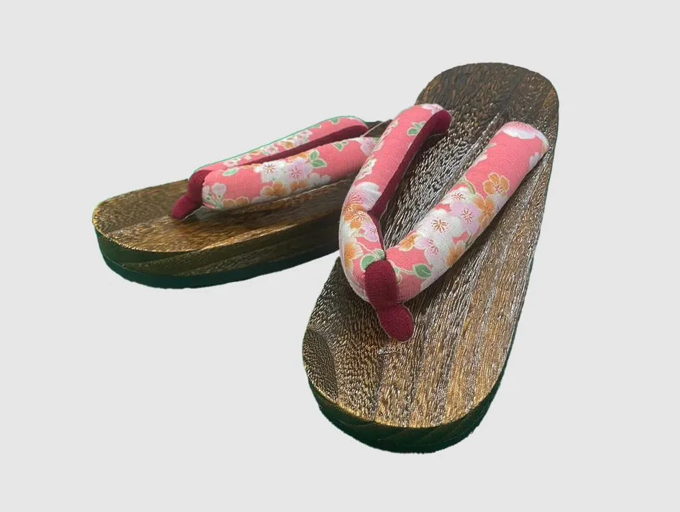 Japanese Women's Wooden Geta Sandals, Size M, Traditional with Floral Straps, Pink and Red