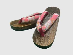 Japanese Women's Wooden Geta Sandals, Size M, Traditional with Floral Straps, Pink and Red
