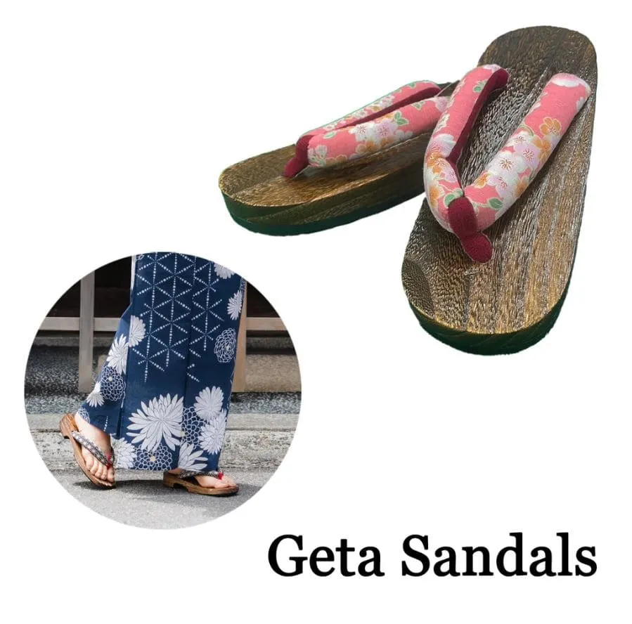 Japanese Women's Wooden Geta Sandals, Size M, Traditional with Floral Straps, Pink and Red
