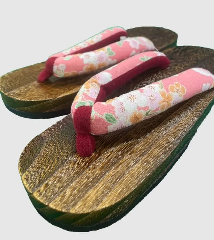 Japanese Women's Wooden Geta Sandals, Size M, Traditional with Floral Straps, Pink and Red