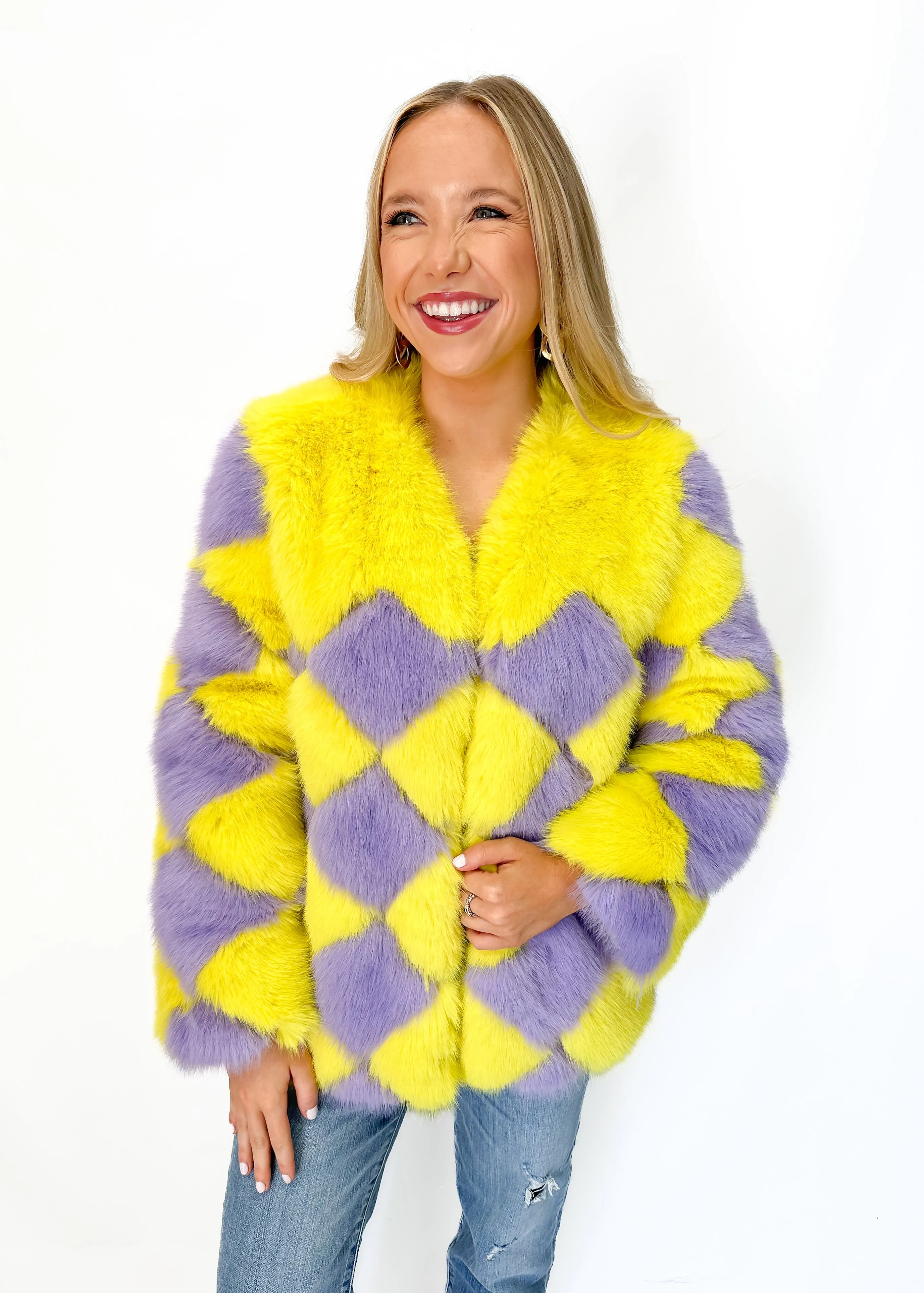 Jayley Faux Fur Delilah Diamond Coat - Yellow