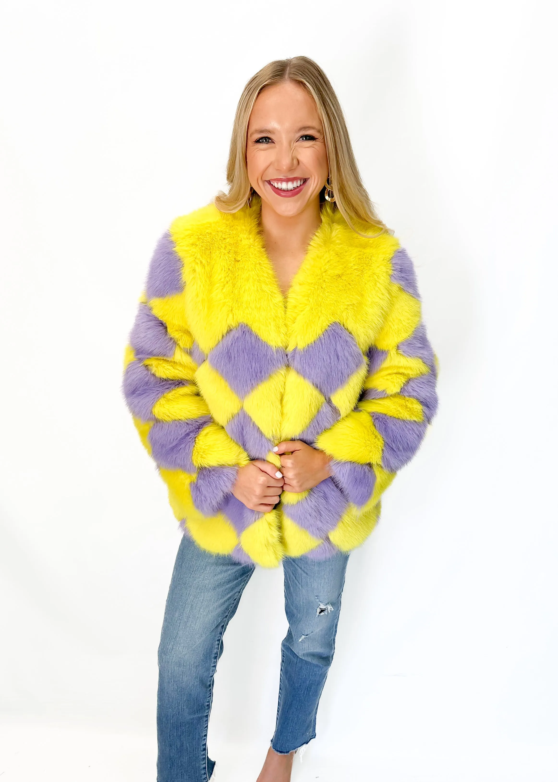 Jayley Faux Fur Delilah Diamond Coat - Yellow