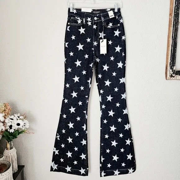 Judy Blue High Rise Dark Wash Star Print Flare Jeans Regular Sizes Americana NEW