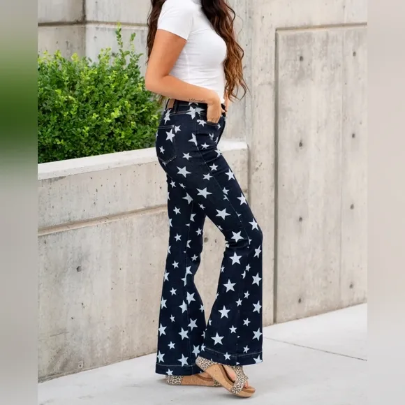 Judy Blue High Rise Dark Wash Star Print Flare Jeans Regular Sizes Americana NEW