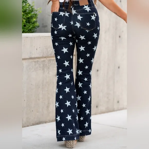 Judy Blue High Rise Dark Wash Star Print Flare Jeans Regular Sizes Americana NEW