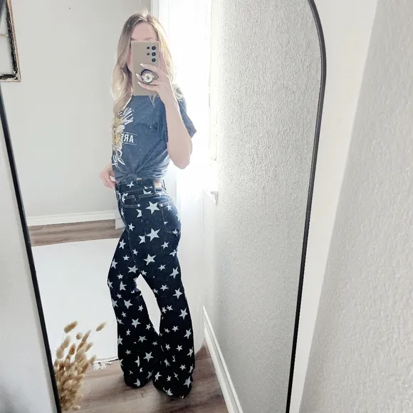 Judy Blue High Rise Dark Wash Star Print Flare Jeans Regular Sizes Americana NEW