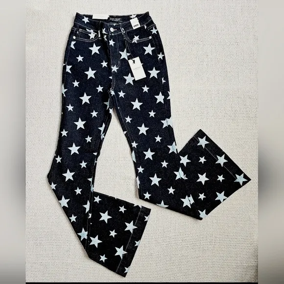 Judy Blue High Rise Dark Wash Star Print Flare Jeans Regular Sizes Americana NEW