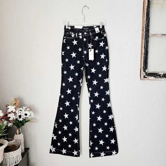 Judy Blue High Rise Dark Wash Star Print Flare Jeans Regular Sizes Americana NEW