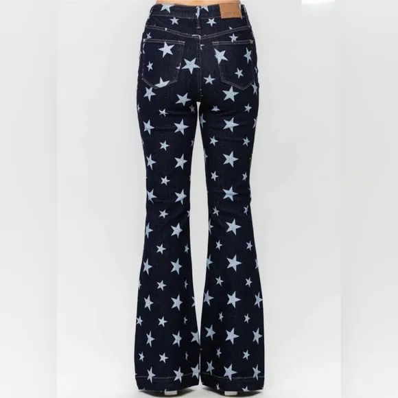 Judy Blue High Rise Dark Wash Star Print Flare Jeans Regular Sizes Americana NEW