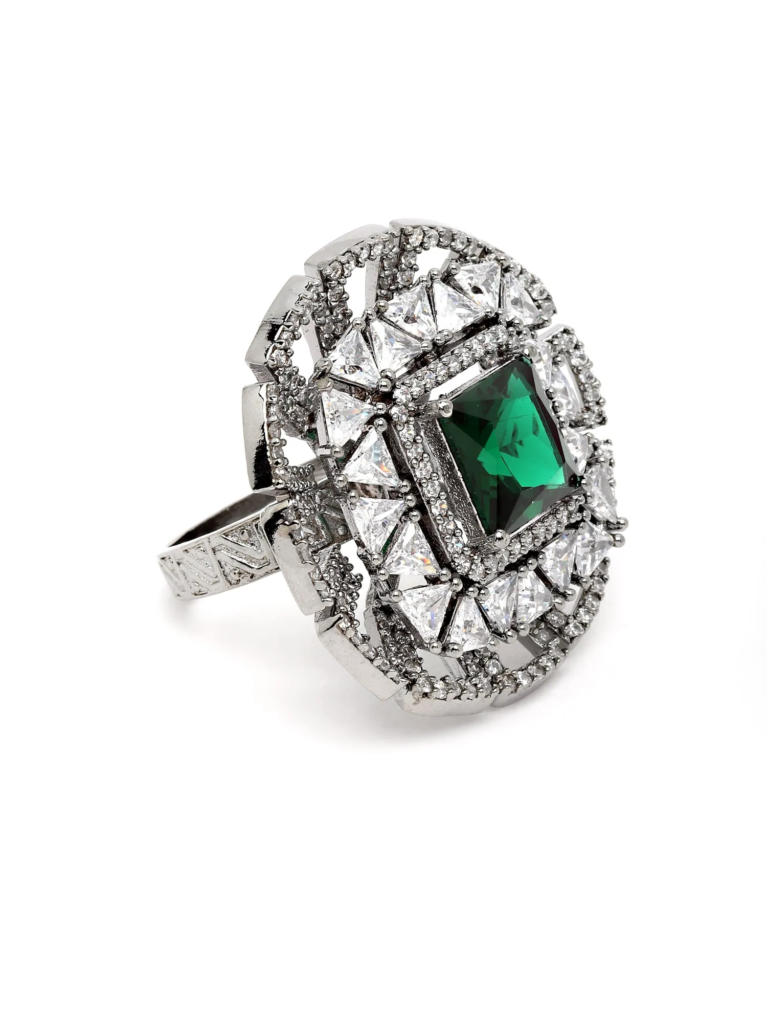 Karatcart Silver Tone Green American Diamond Floral Shape Women's Ring