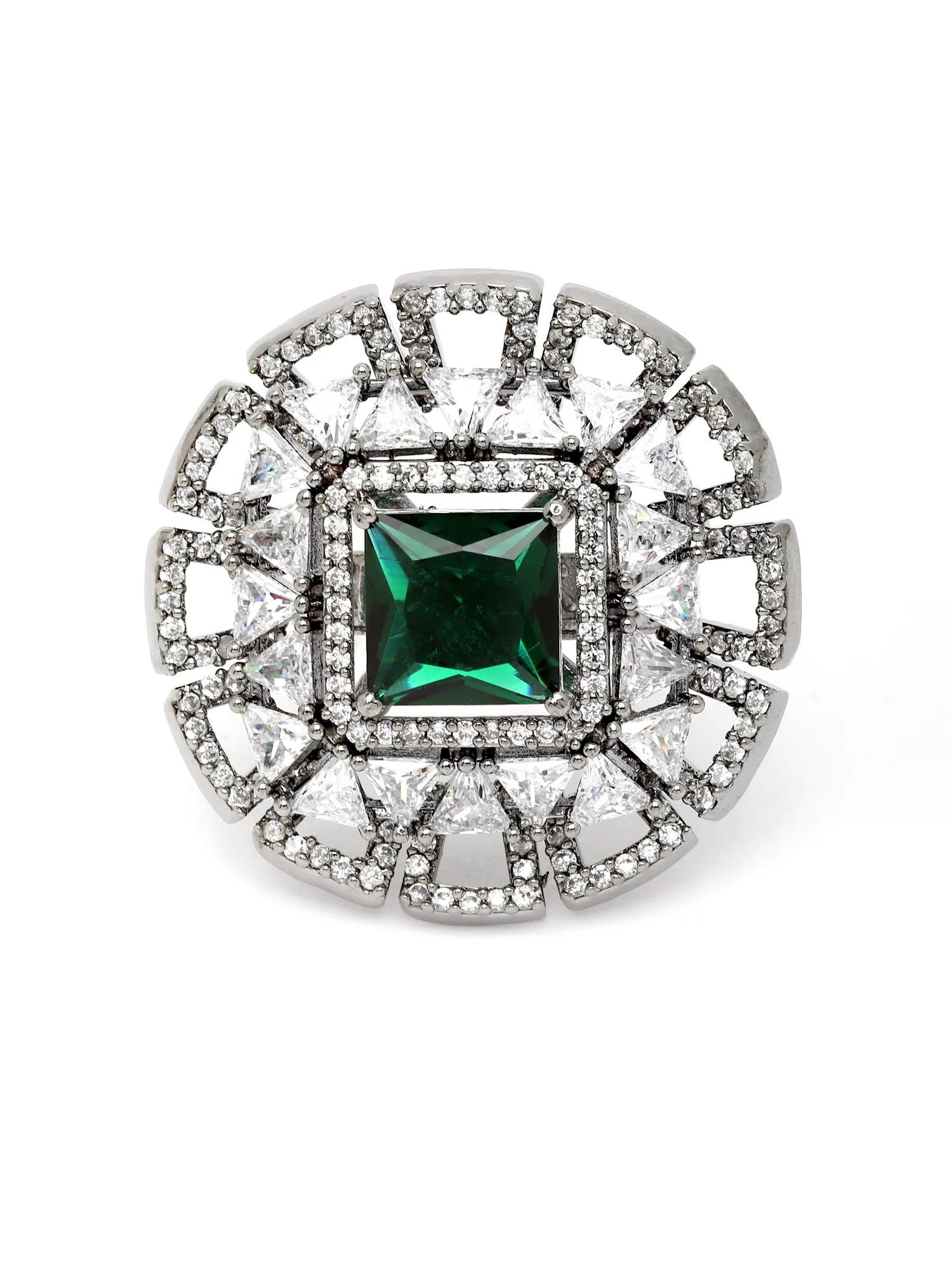 Karatcart Silver Tone Green American Diamond Floral Shape Women's Ring