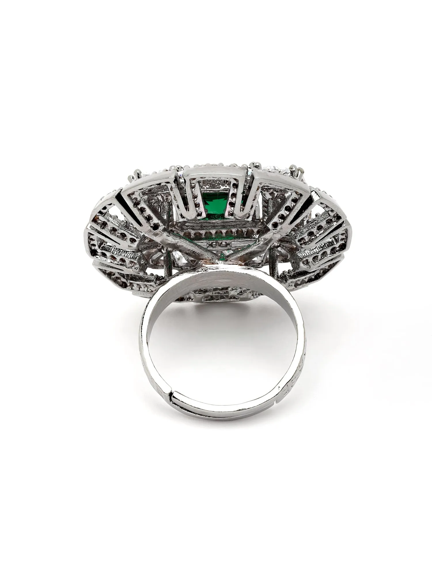 Karatcart Silver Tone Green American Diamond Floral Shape Women's Ring