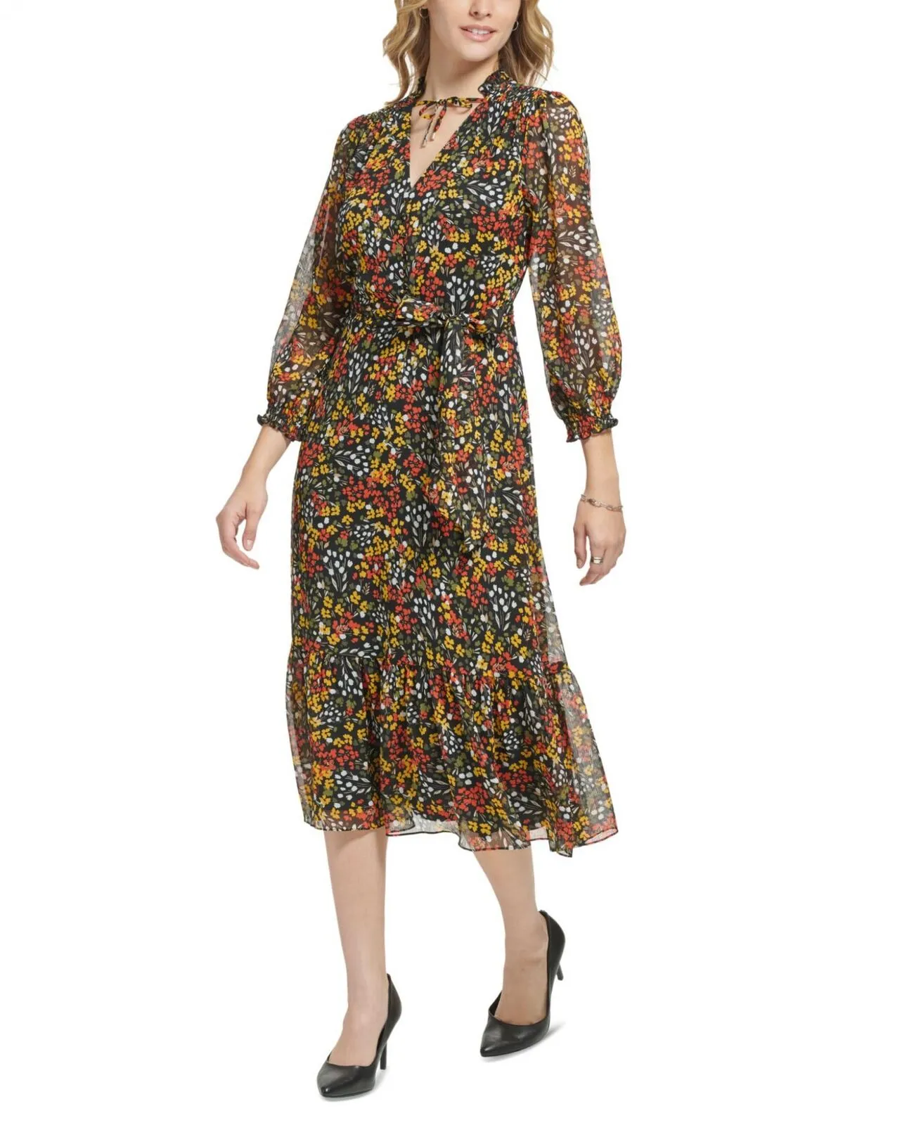 Karl Lagerfeld Paris Women's Floral-Print Midi Dress LD2HG420 Black Multi 2