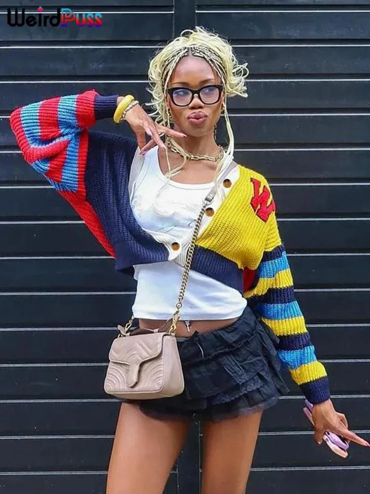 Knit Vibe™ | Women's Y2K Cardigan Sweater | Colorful Patchwork, V-Neck Design, Casual Button-Up Knit Coat