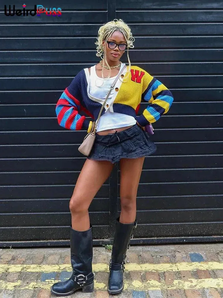 Knit Vibe™ | Women's Y2K Cardigan Sweater | Colorful Patchwork, V-Neck Design, Casual Button-Up Knit Coat