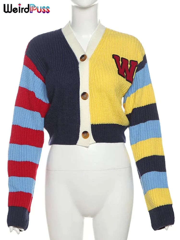 Knit Vibe™ | Women's Y2K Cardigan Sweater | Colorful Patchwork, V-Neck Design, Casual Button-Up Knit Coat