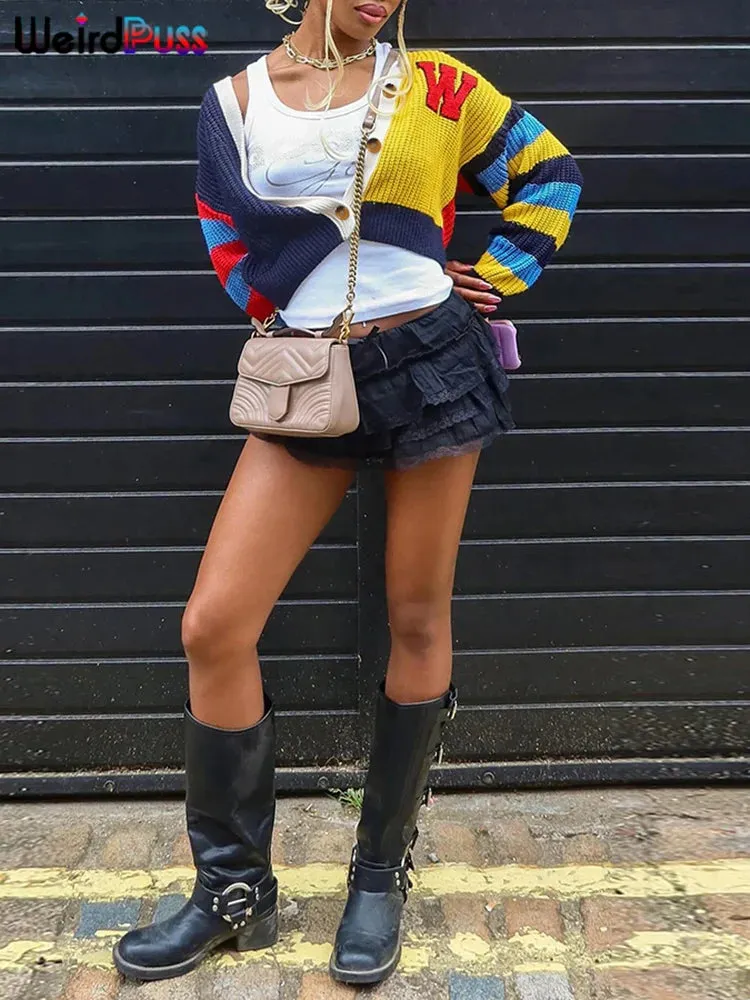 Knit Vibe™ | Women's Y2K Cardigan Sweater | Colorful Patchwork, V-Neck Design, Casual Button-Up Knit Coat