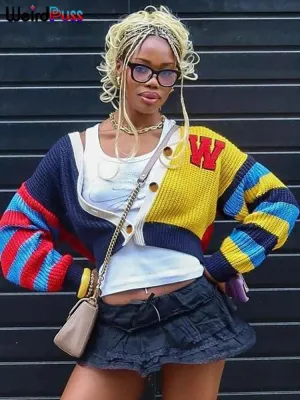 Knit Vibe™ | Women's Y2K Cardigan Sweater | Colorful Patchwork, V-Neck Design, Casual Button-Up Knit Coat