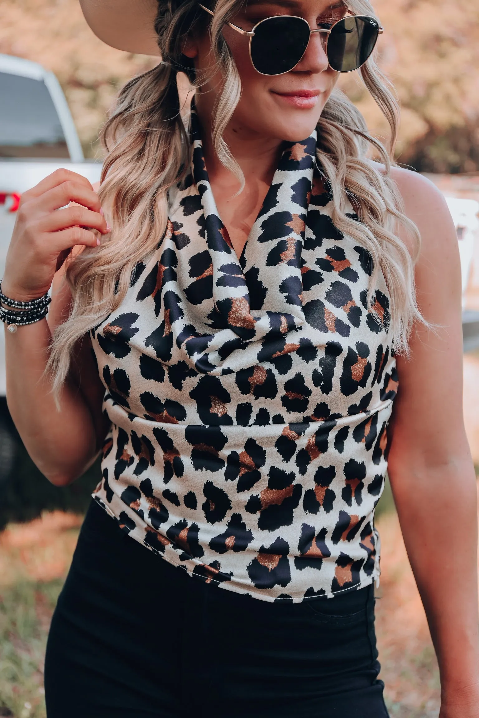 Korra Halter Cowl Neck Top - Taupe Animal
