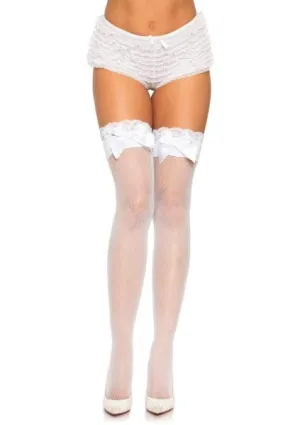 Lace Top Fishnet Thigh High with Bow - White