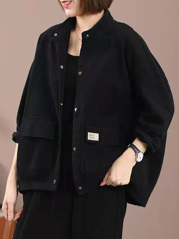 Ladies Simple Stand Collar Pocket Button Up Jacket