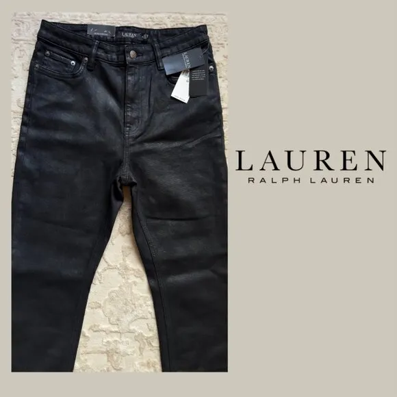 LAUREN RALPH LAUREN BLK Coated Denim Hi-Rise Full-Length-Boot Jeans 10 NWT $145